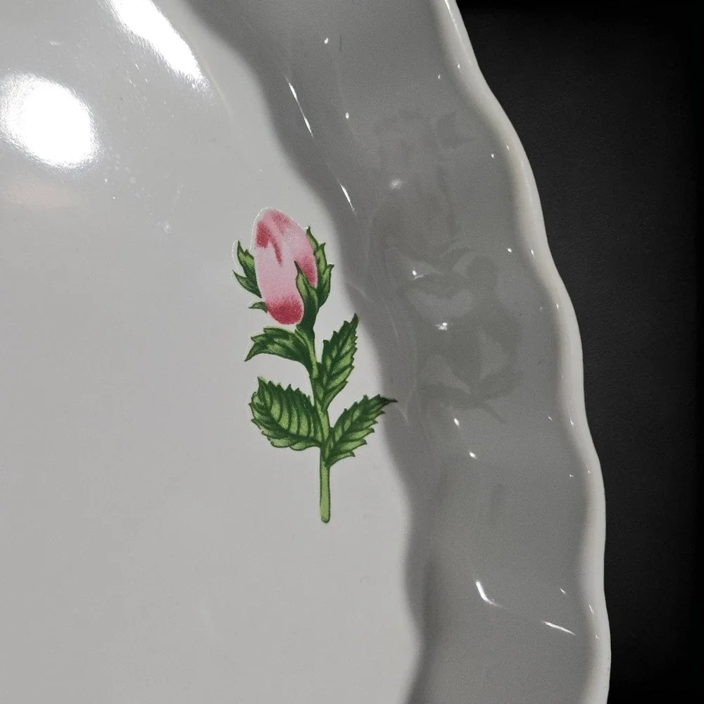 Vintage White Pink Rose Floral Beveled Porcelain 9.5in Quiche Tart 1980s Pie Pan